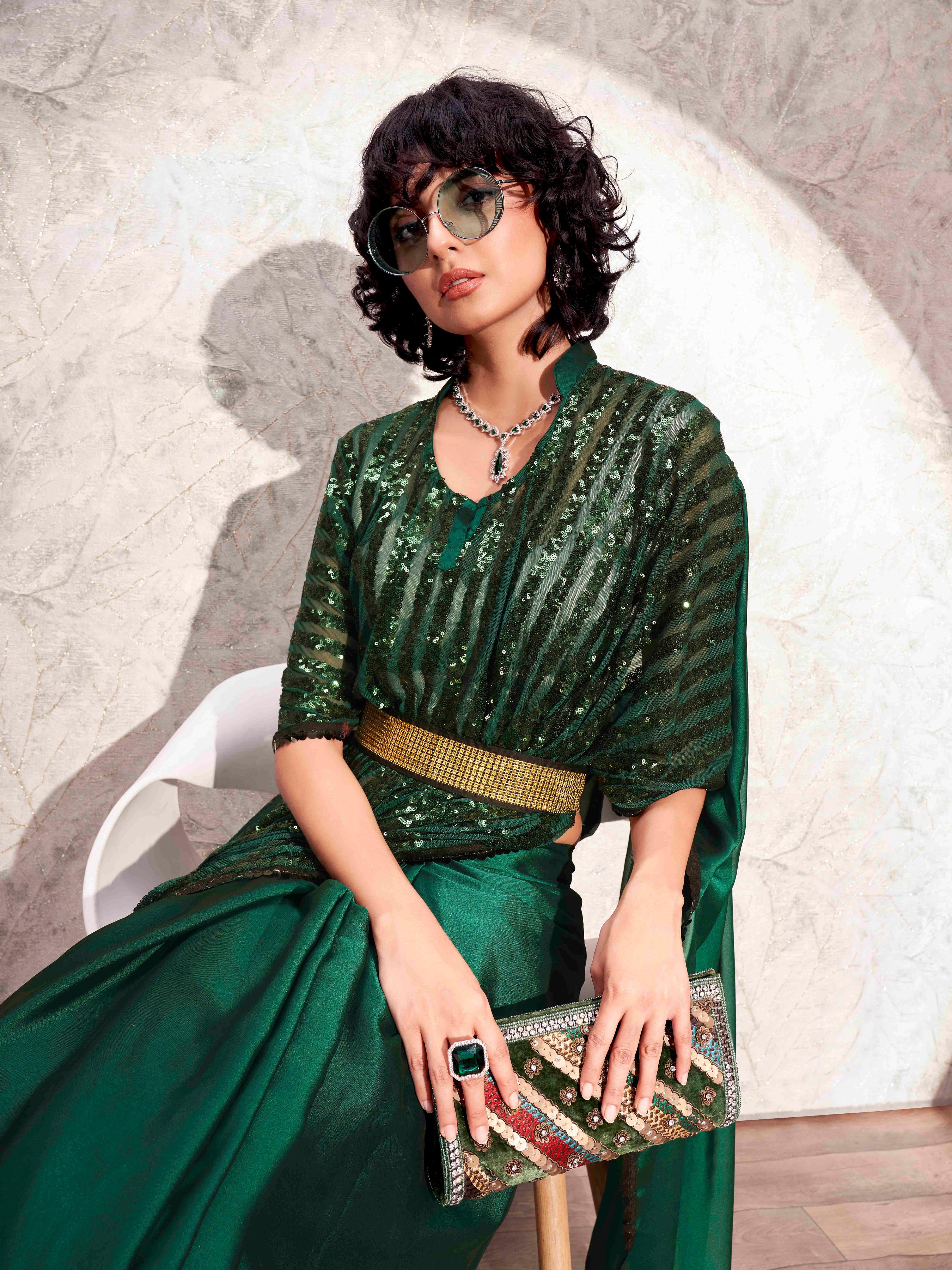 Green colored designer sequinned kaftan saree with belt and embellished border